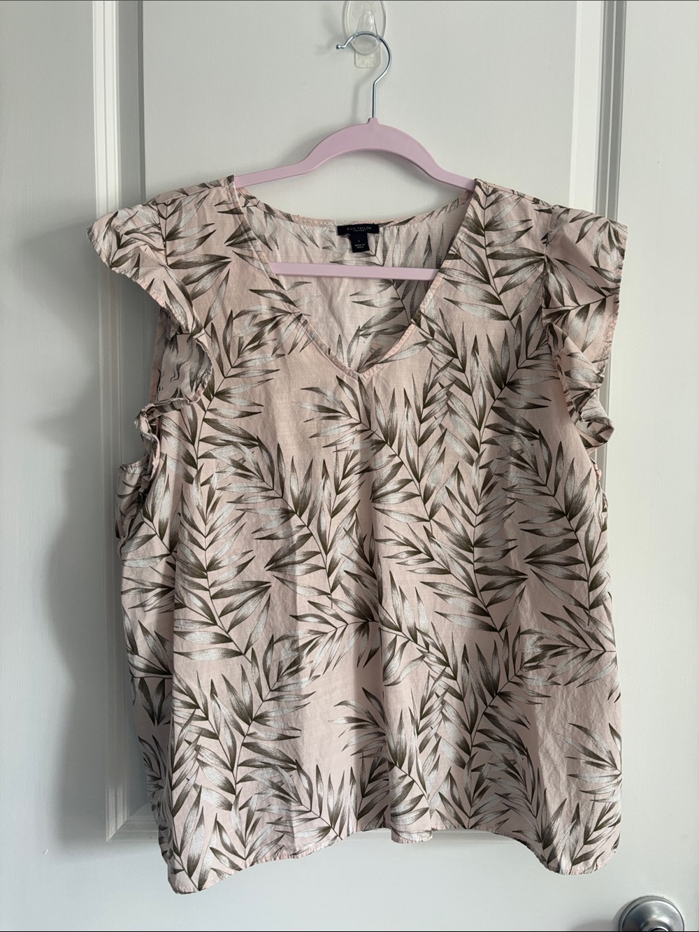 Ann Taylor Pink Leaf-Print V-Neck Flutter Sleeve Blouse